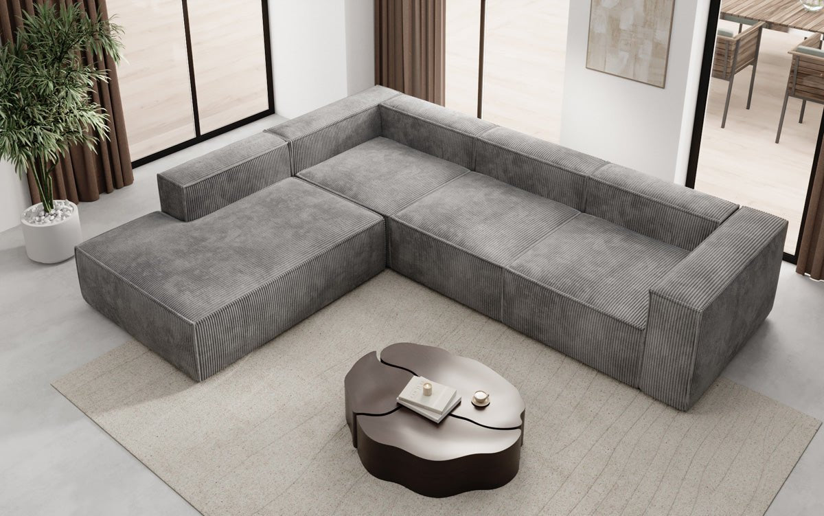 Designer Sofa Lesley L met lange ottomaan in Ribstof