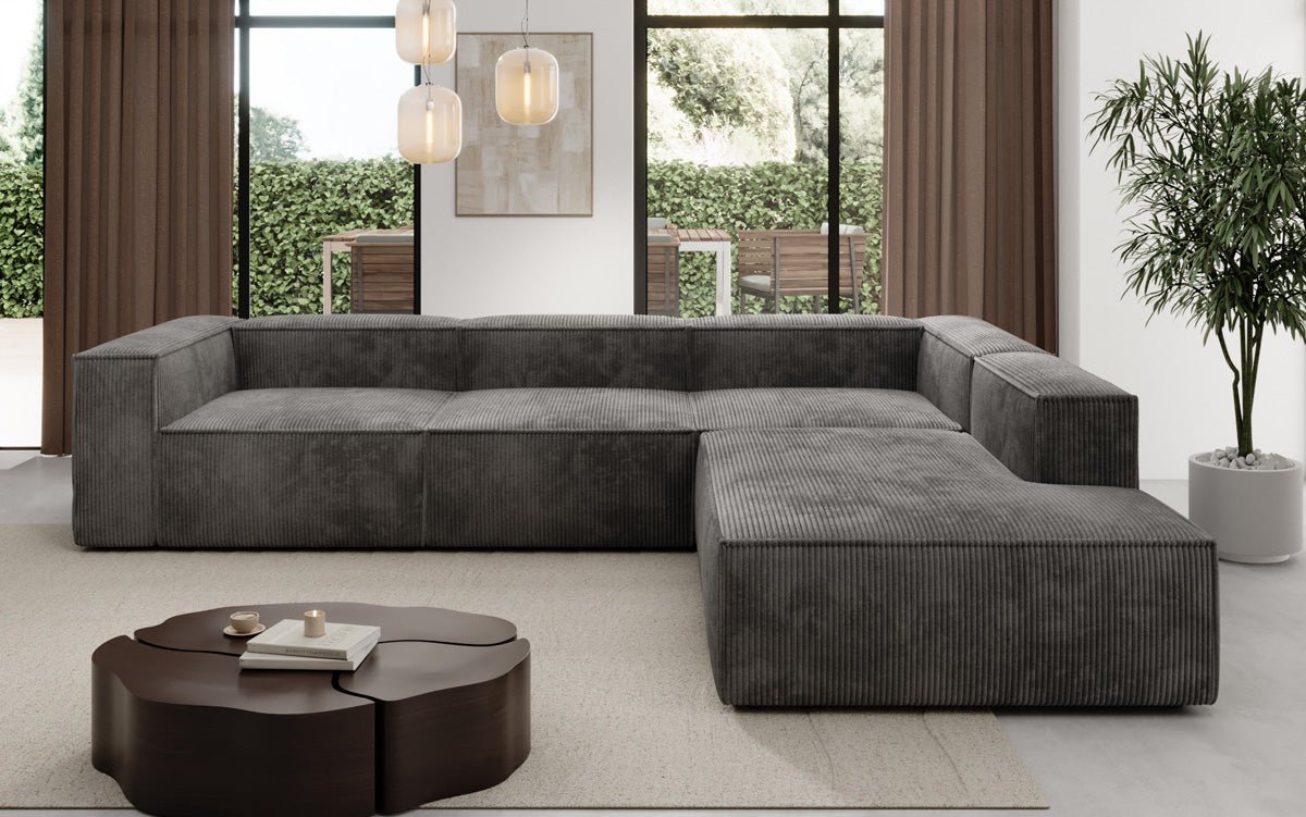 Designer Sofa Lesley L met lange ottomaan in Ribstof