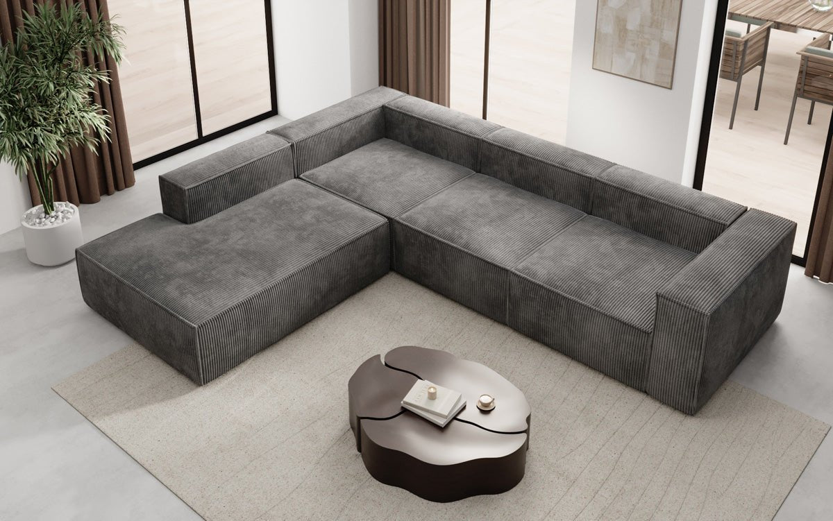 Designer Sofa Lesley L met lange ottomaan in Ribstof
