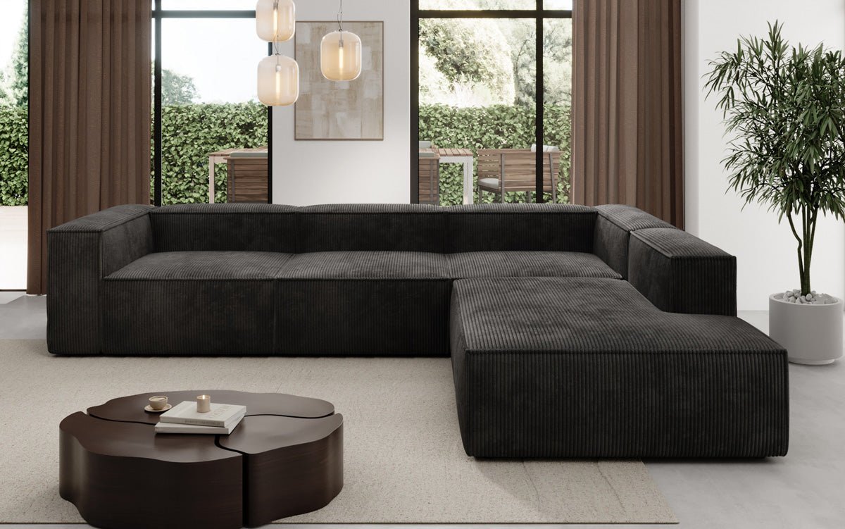 Designer Sofa Lesley L met lange ottomaan in Ribstof