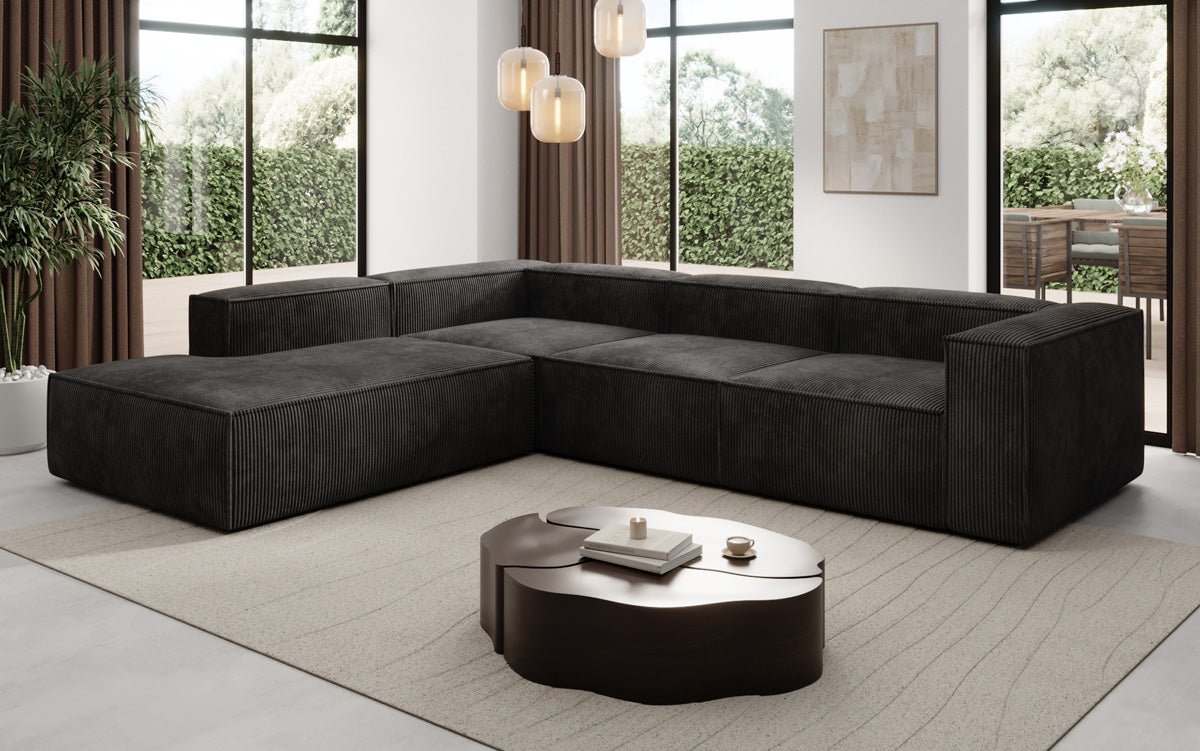Designer Sofa Lesley L met lange ottomaan in Ribstof