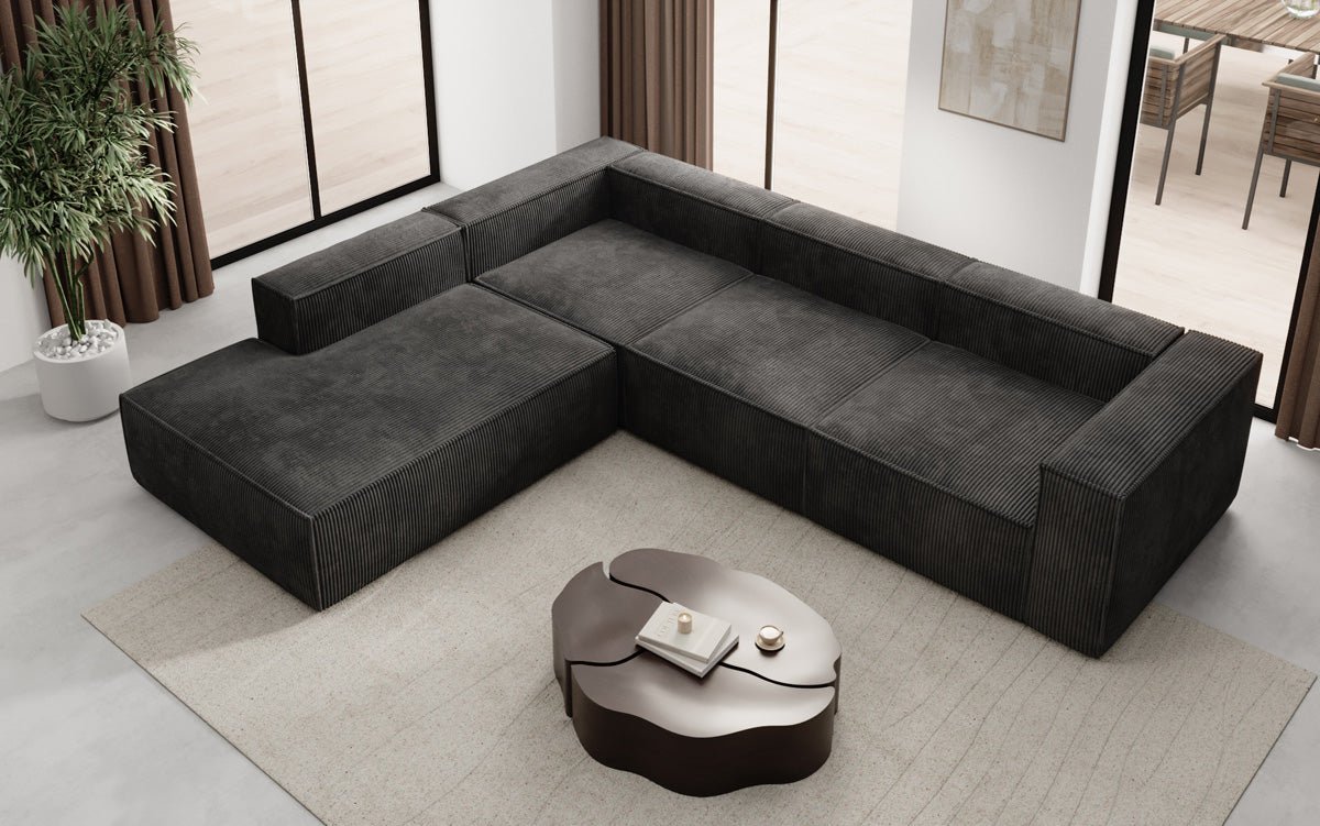 Designer Sofa Lesley L met lange ottomaan in Ribstof