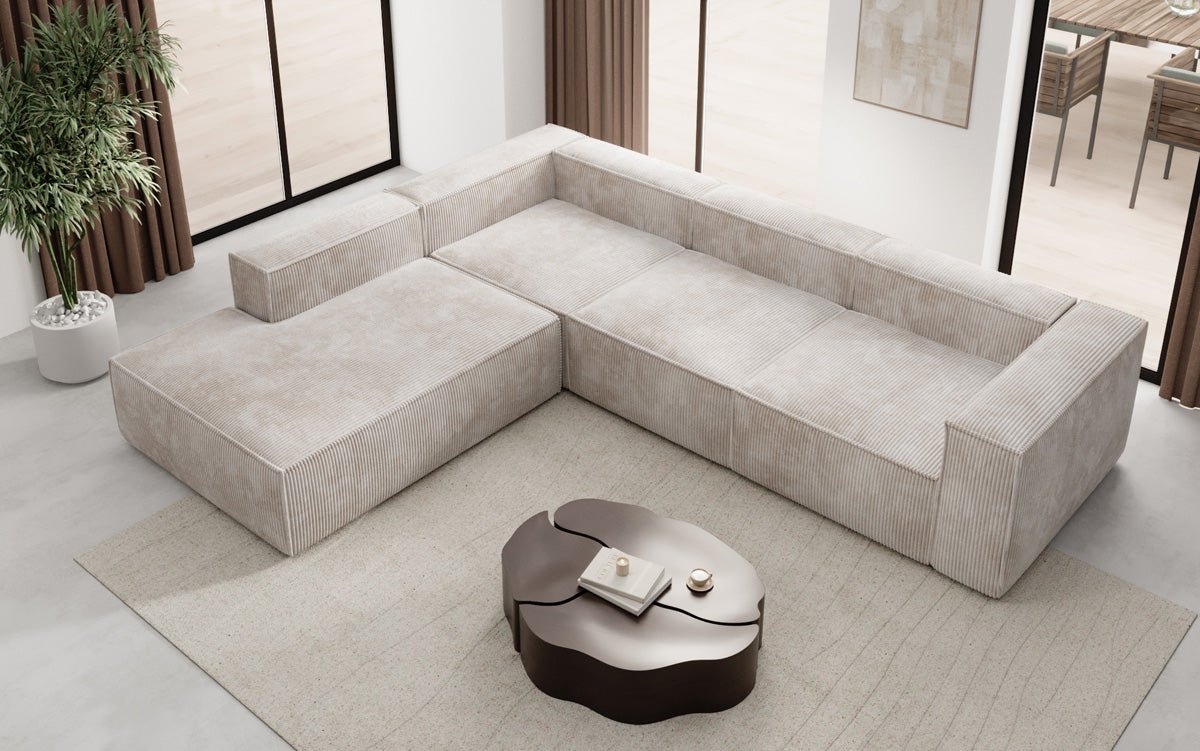 Designer Sofa Lesley L met lange ottomaan in Ribstof