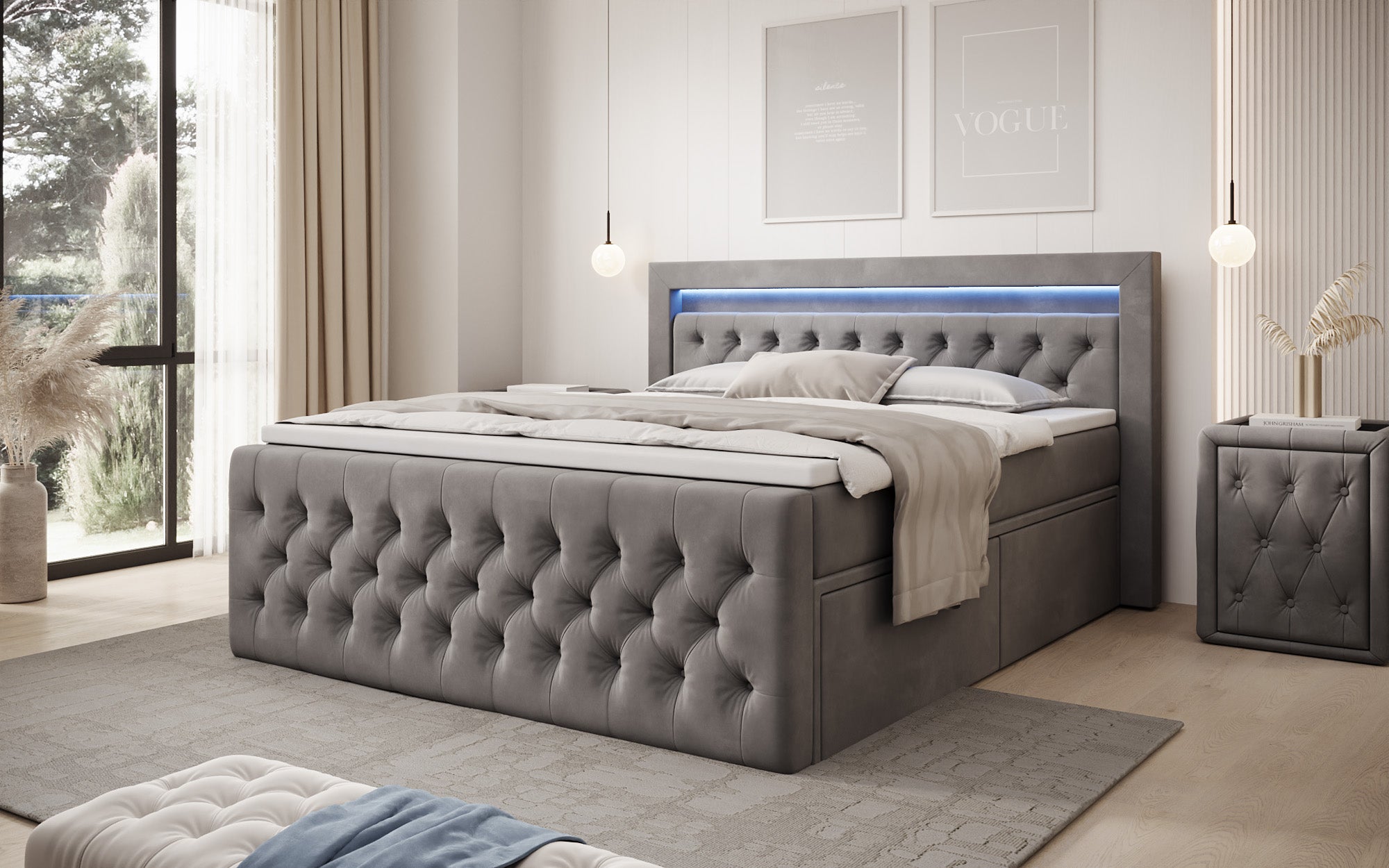 Boxspringbed Menzogna Samt mit LED und Stauraum (2 Schubladen)