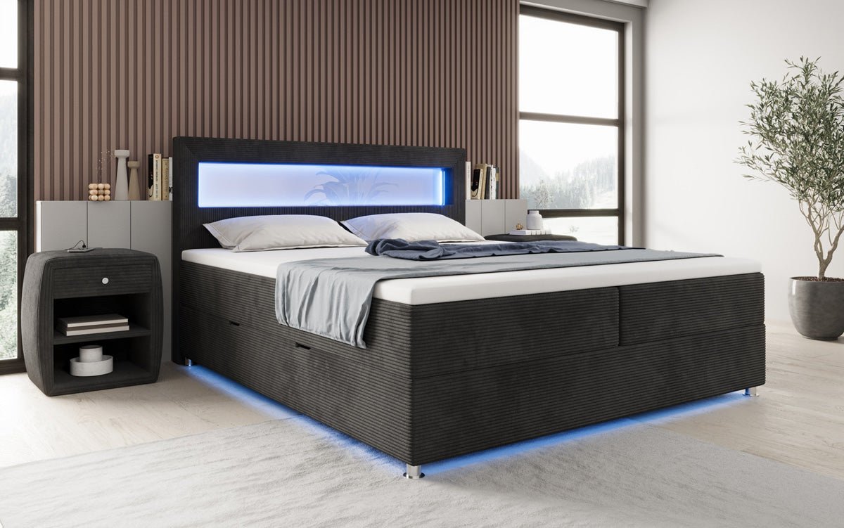 Boxspringbed Relax met LED, opbergruimte en USB/C in Ribstof