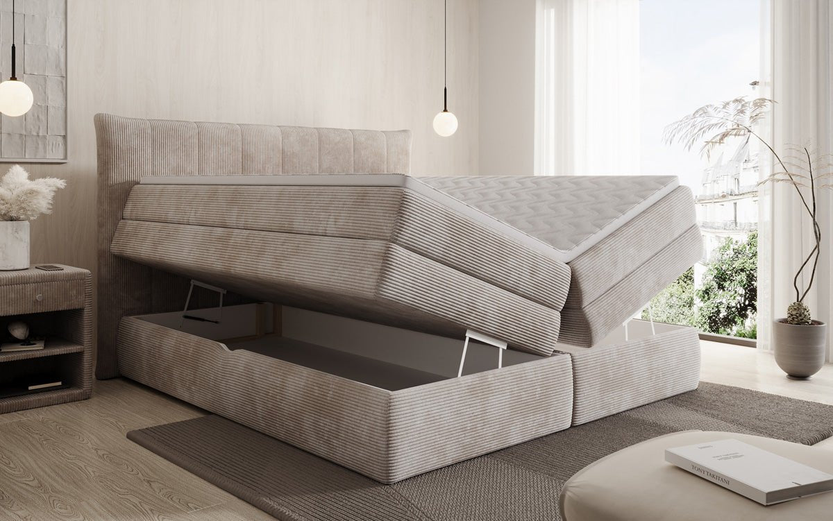 Boxspringbed Stella met opbergruimte in Ribstof