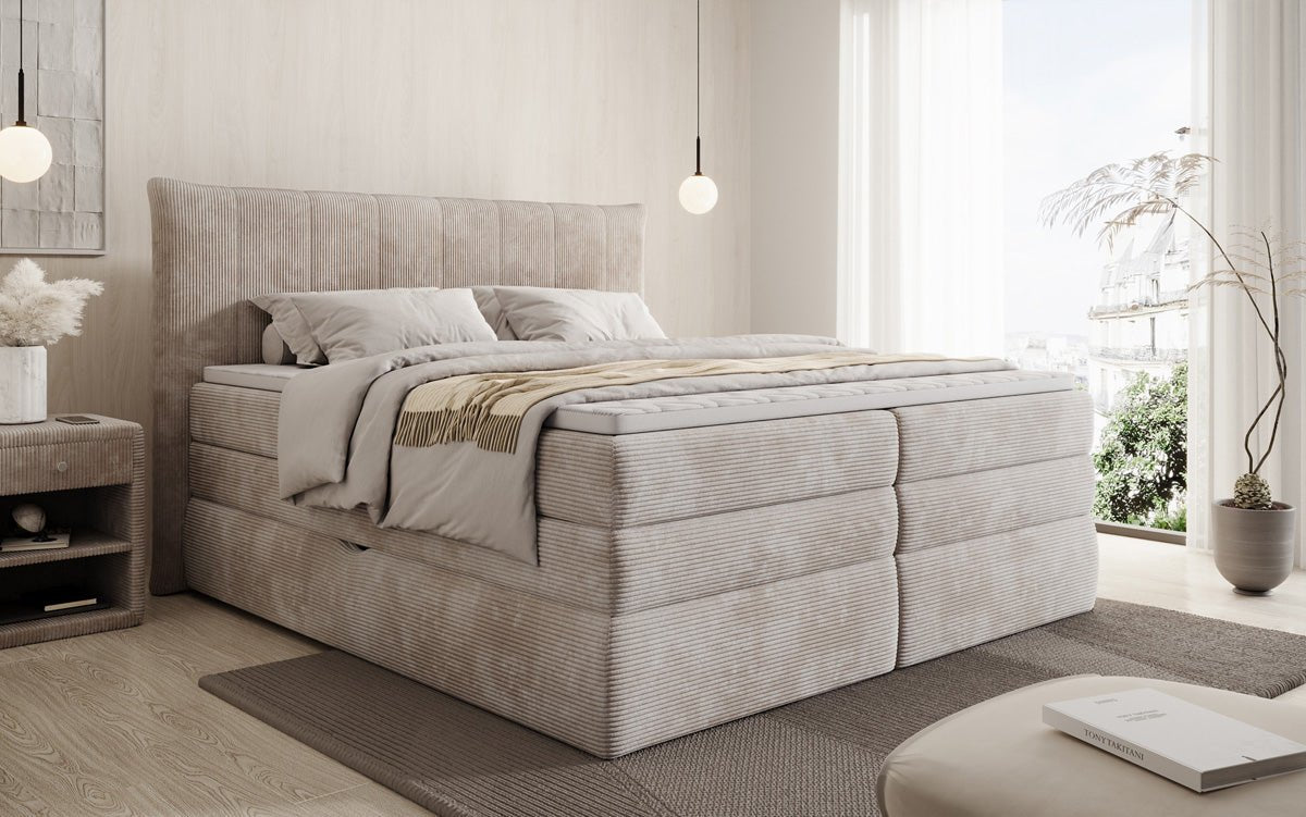 Boxspringbed Stella met opbergruimte in Ribstof