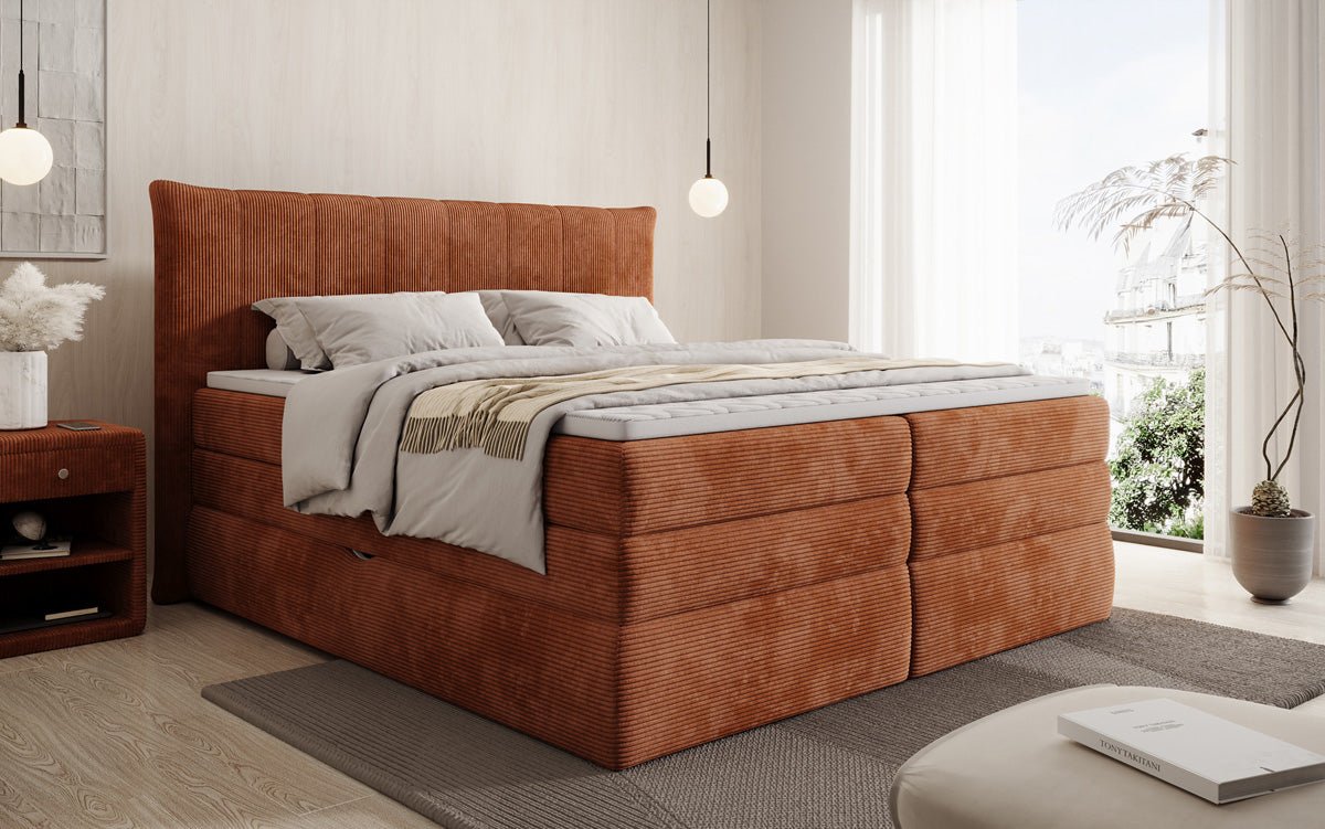 Boxspringbed Stella met opbergruimte in Ribstof
