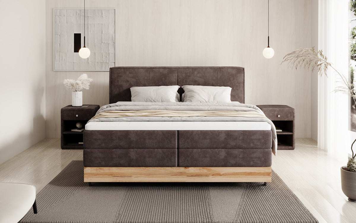 Houten bed/Boxspringbed Nero met opbergruimte in Ribstof