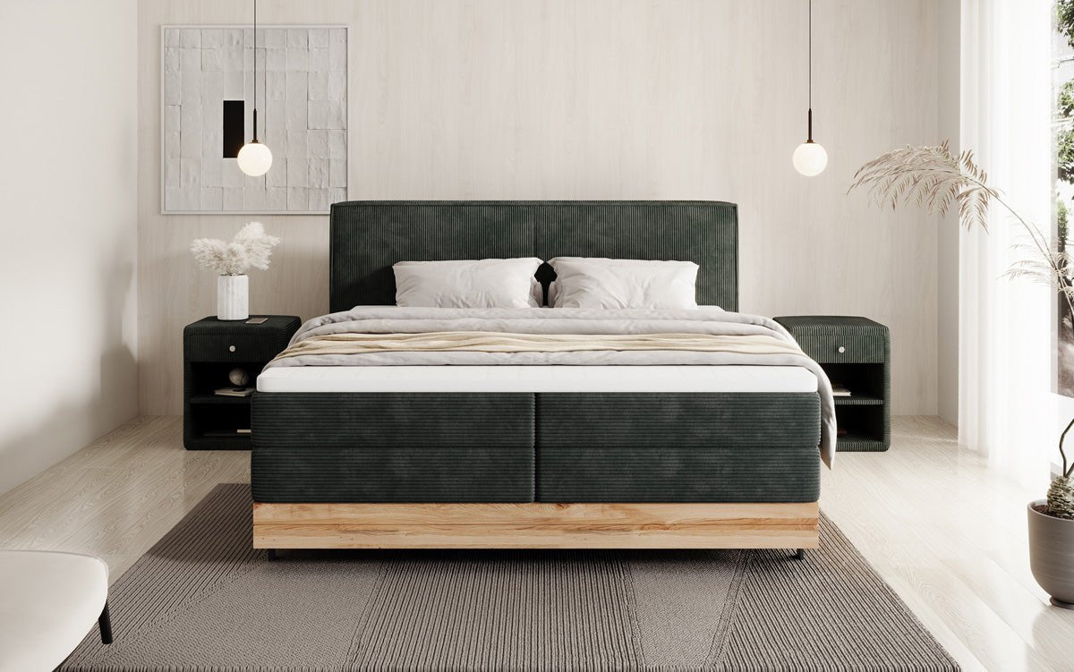 Houten bed/Boxspringbed Nero met opbergruimte in Ribstof
