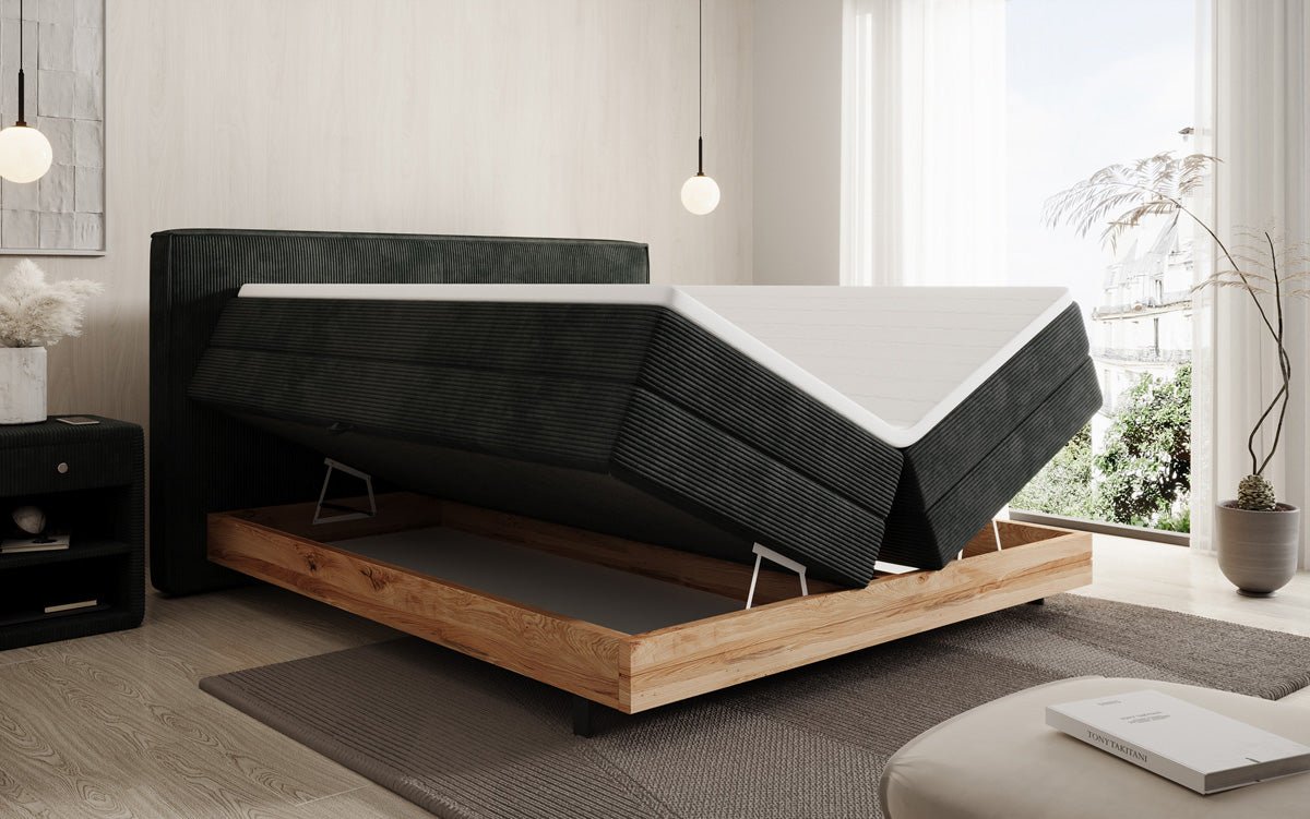 Houten bed/Boxspringbed Nero met opbergruimte in Ribstof