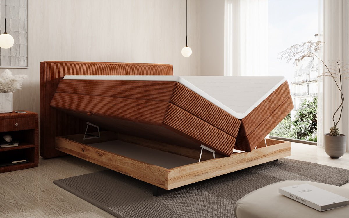 Houten bed/Boxspringbed Nero met opbergruimte in Ribstof