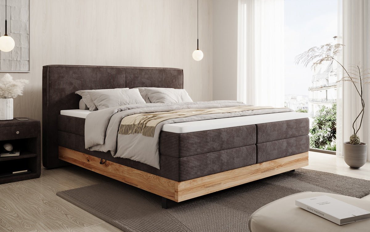 Houten bed/Boxspringbed Nero met opbergruimte in Ribstof