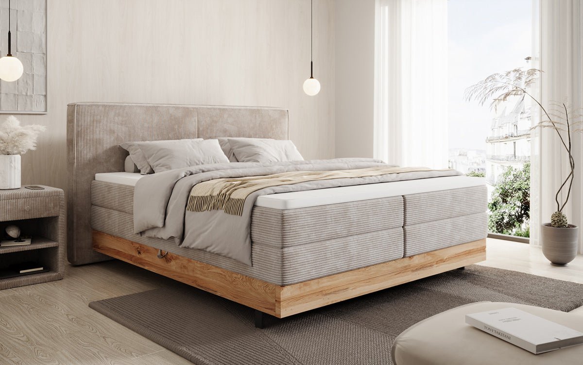 Houten bed/Boxspringbed Nero met opbergruimte in Ribstof