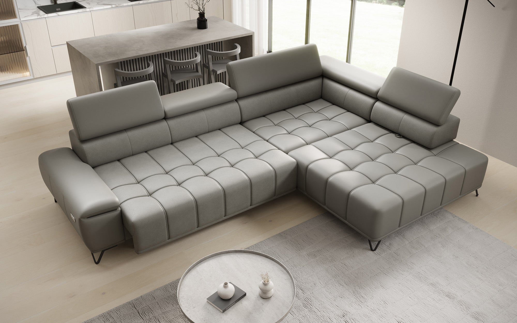 Designer L-bank Selora met elektrische slaapfunctie en verstelbare rugleuning in echt leer