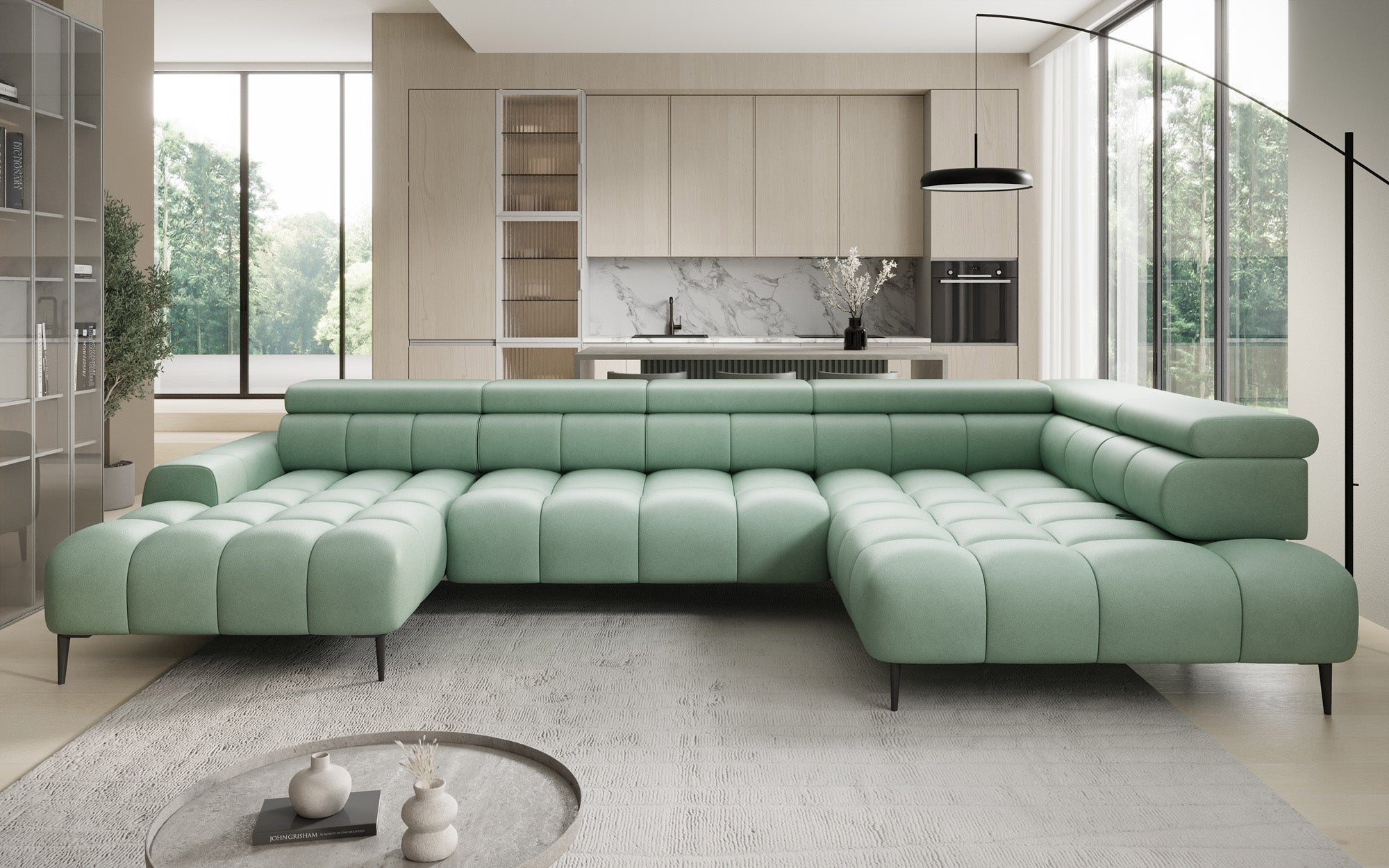 Designbank Ceora U met elektrische slaapfunctie en verstelbare rugleuning in echt leer