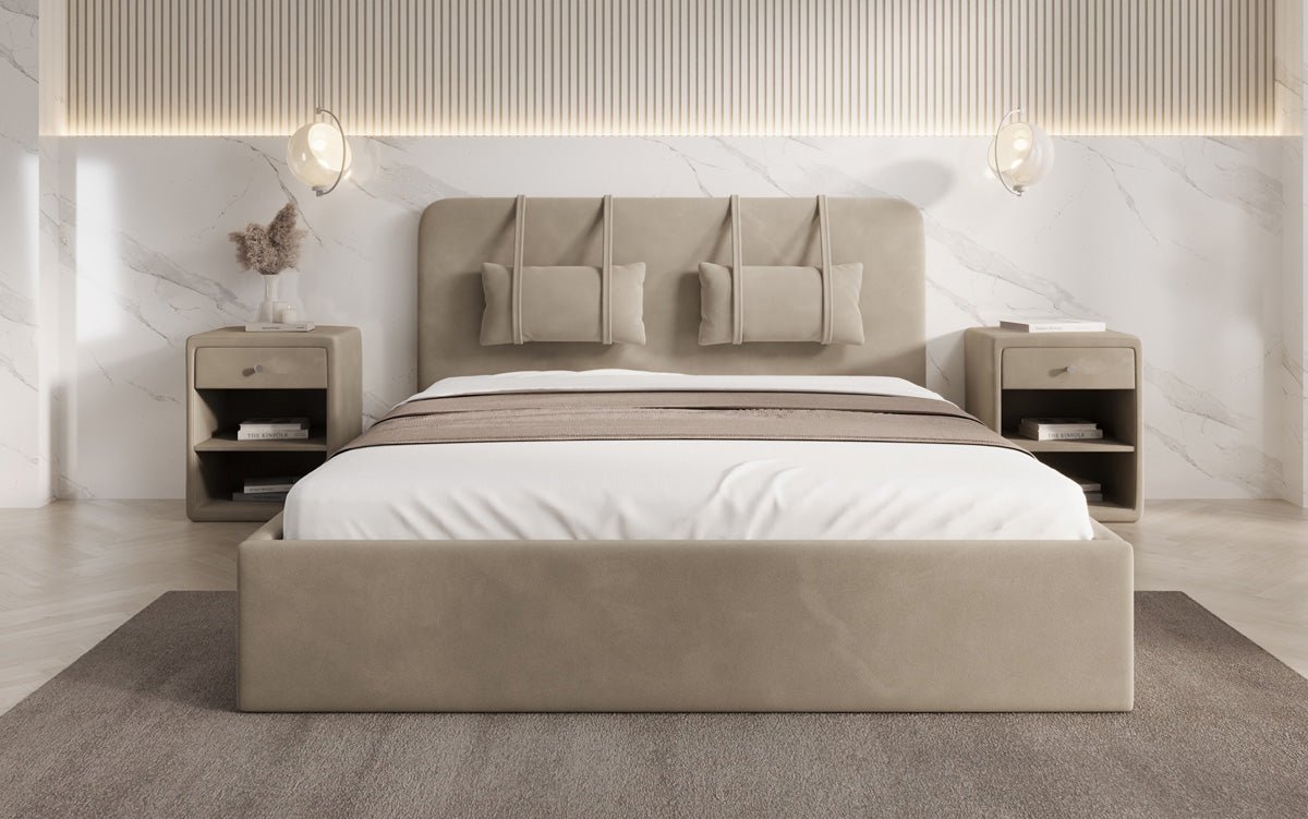 Designer gestoffeerd bed Alma in Fluweel met opbergruimte
