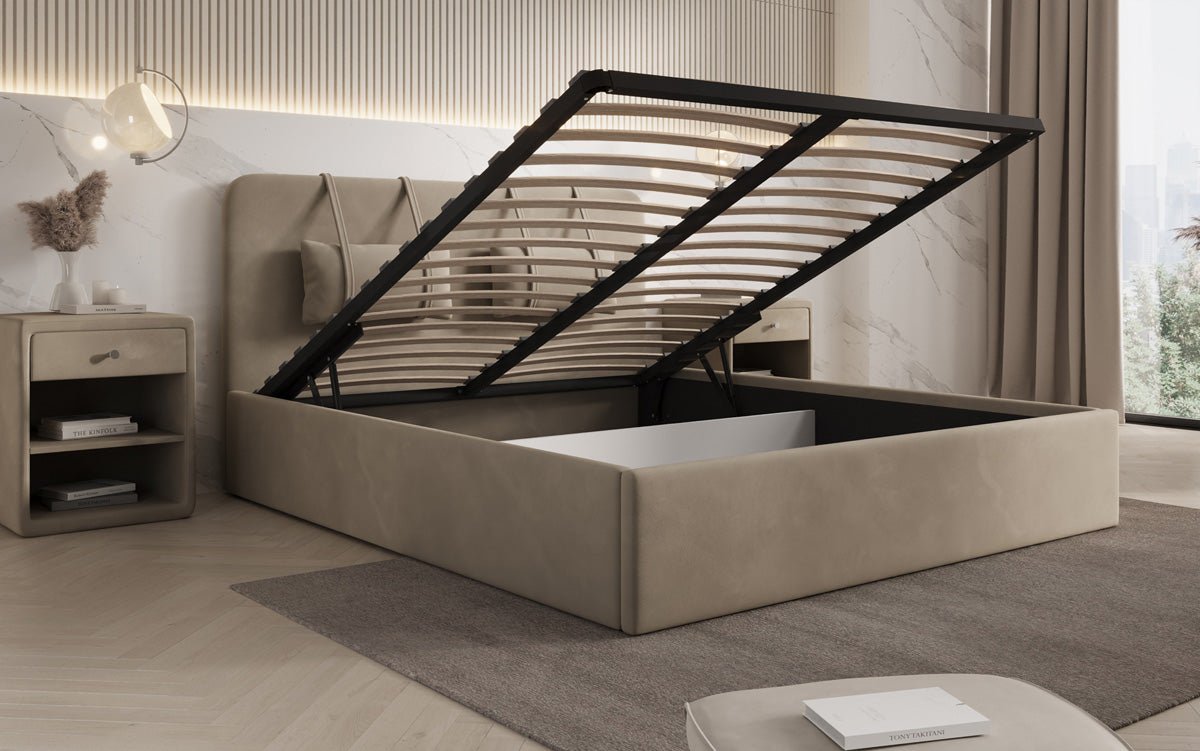 Designer gestoffeerd bed Alma in Fluweel met opbergruimte
