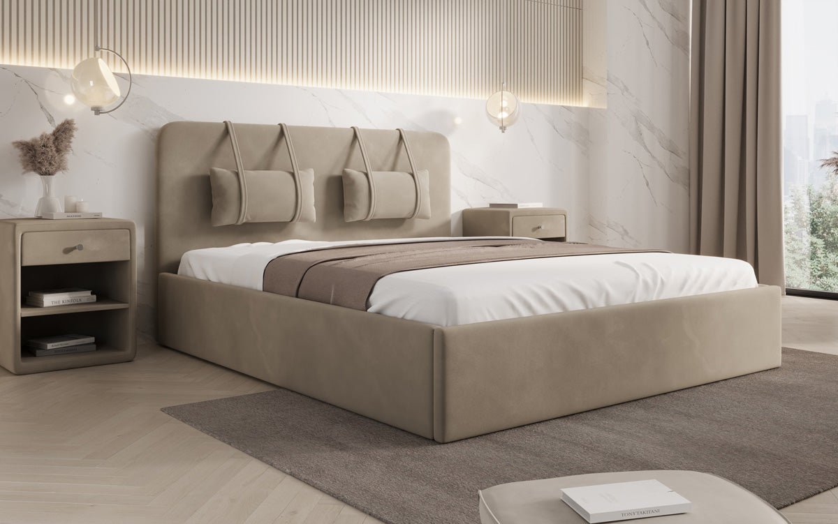 Designer gestoffeerd bed Alma in Fluweel met opbergruimte