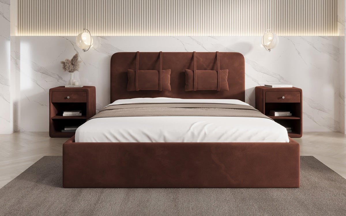 Designer gestoffeerd bed Alma in Fluweel met opbergruimte