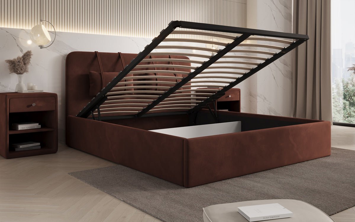 Designer gestoffeerd bed Alma in Fluweel met opbergruimte