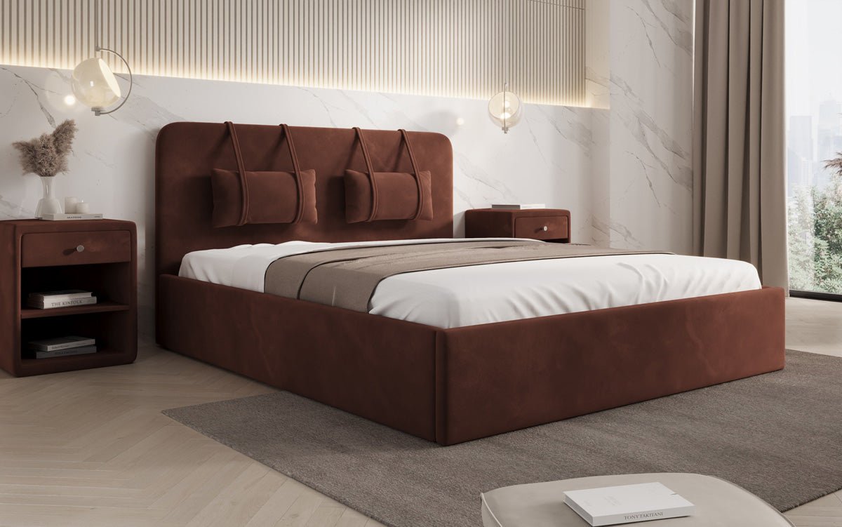 Designer gestoffeerd bed Alma in Fluweel met opbergruimte
