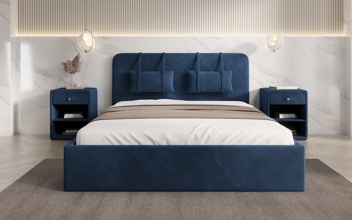 Designer gestoffeerd bed Alma in Fluweel met opbergruimte
