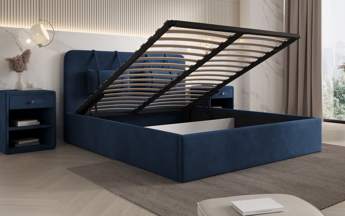 Designer gestoffeerd bed Alma in Fluweel met opbergruimte