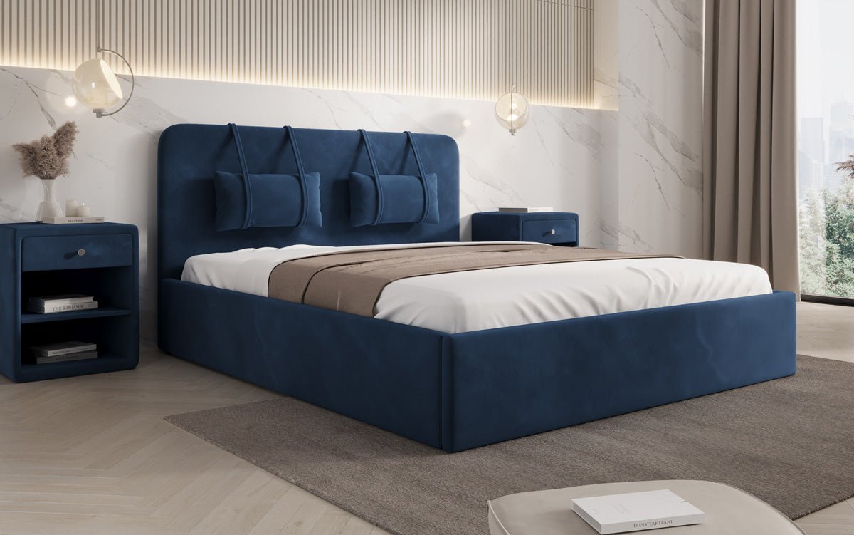 Designer gestoffeerd bed Alma in Fluweel met opbergruimte