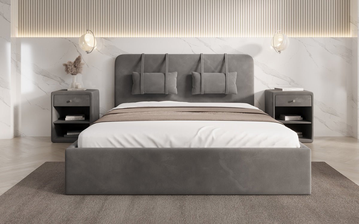 Designer gestoffeerd bed Alma in Fluweel met opbergruimte