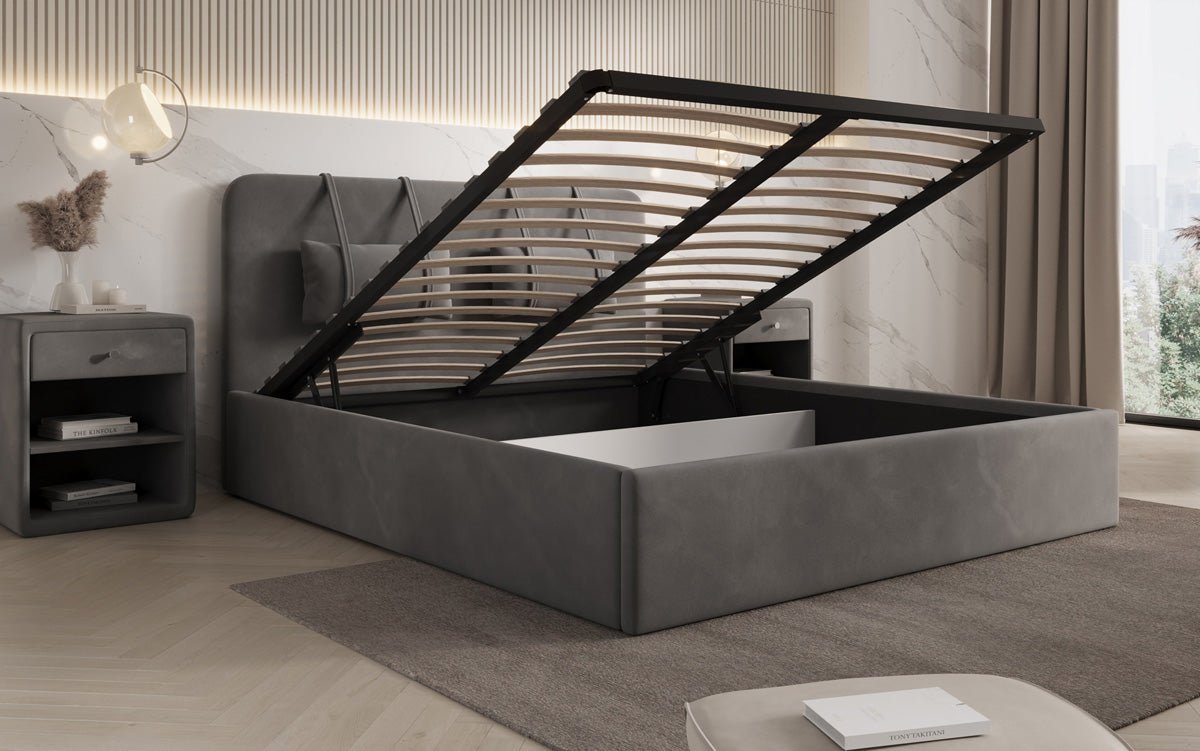 Designer gestoffeerd bed Alma in Fluweel met opbergruimte
