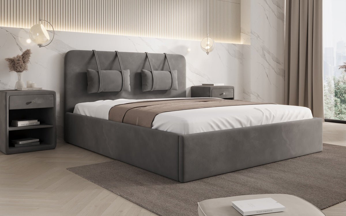 Designer gestoffeerd bed Alma in Fluweel met opbergruimte