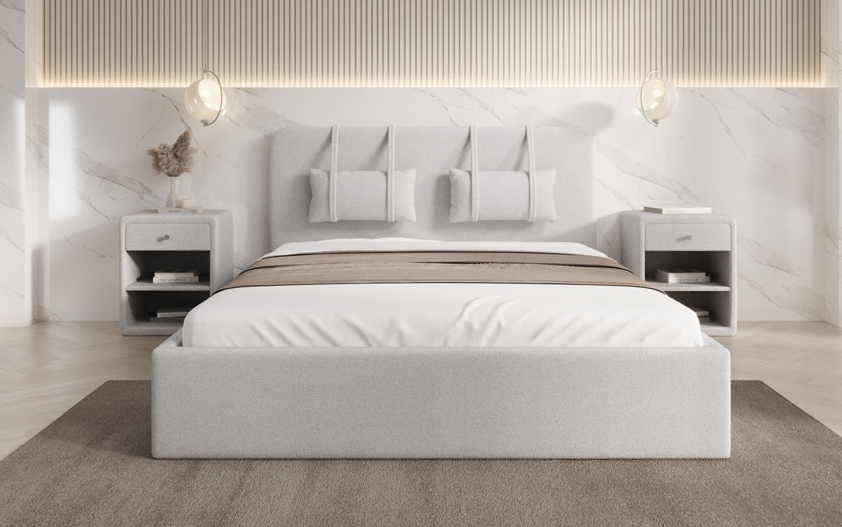 Designer gestoffeerd bed Alma in Bouclé met opbergruimte