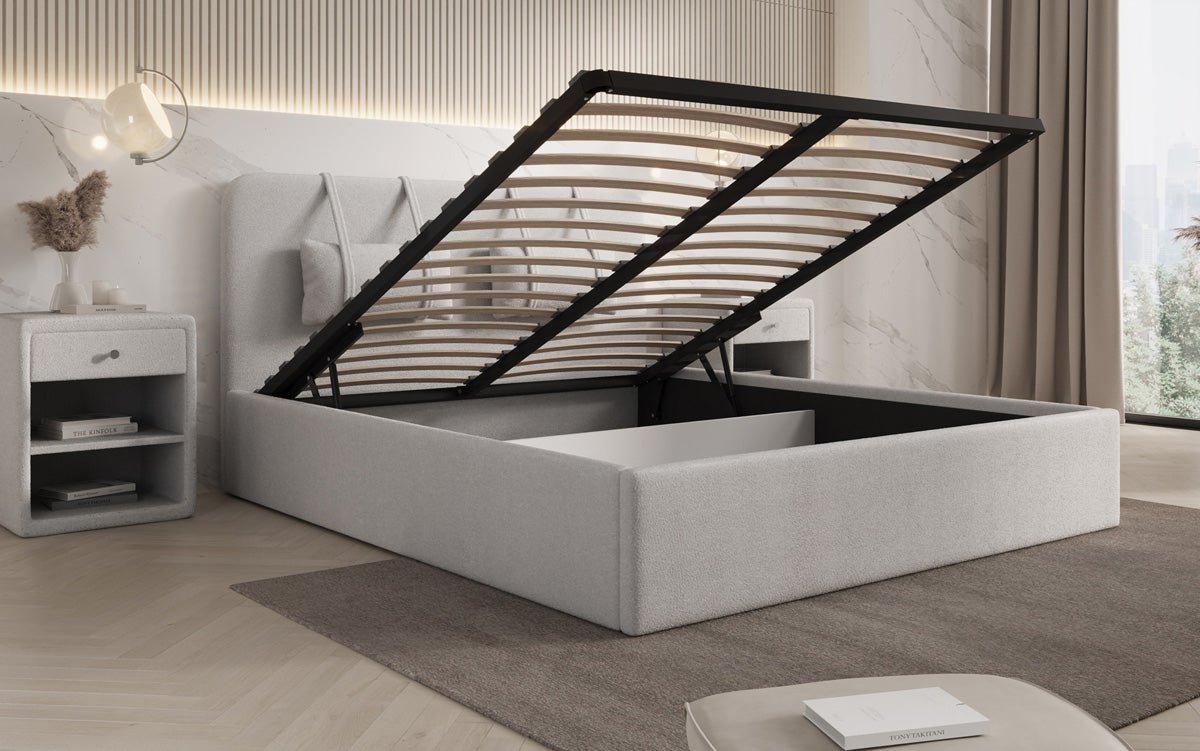 Designer gestoffeerd bed Alma in Bouclé met opbergruimte