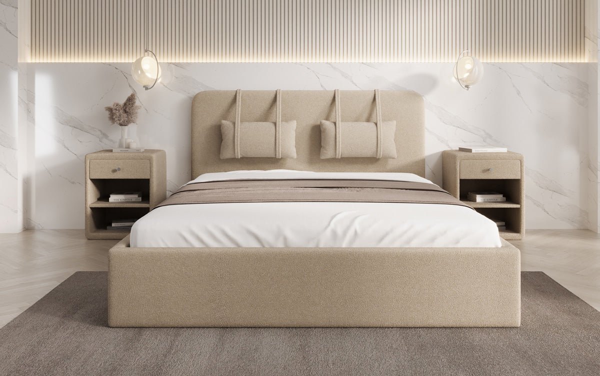 Designer gestoffeerd bed Alma in Bouclé met opbergruimte