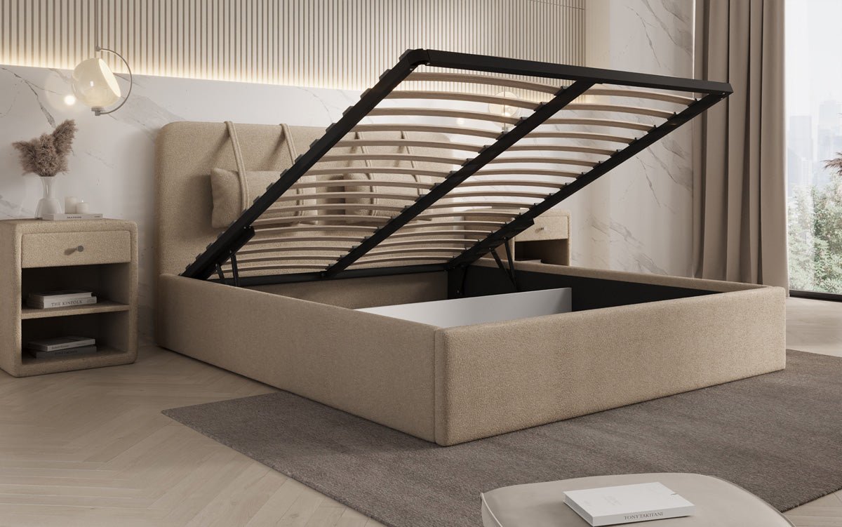 Designer gestoffeerd bed Alma in Bouclé met opbergruimte
