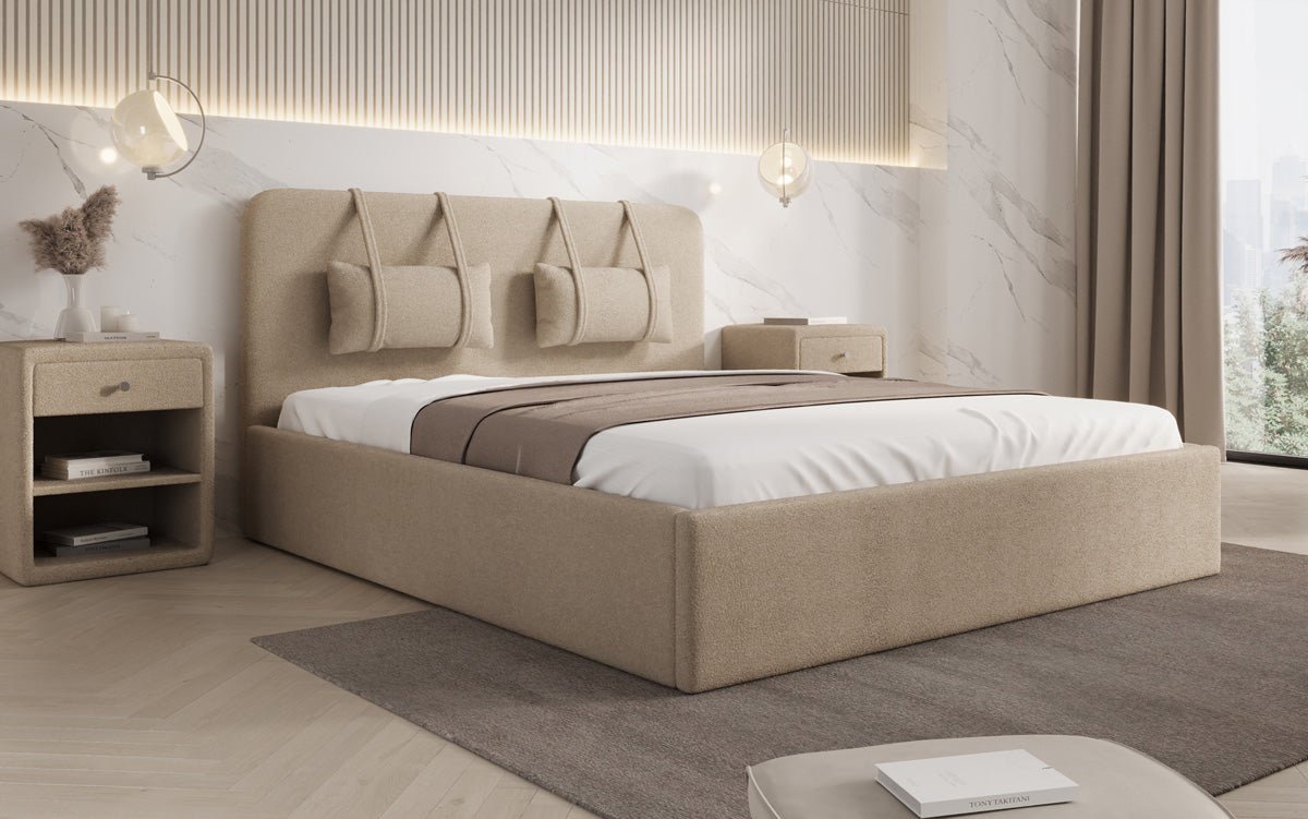 Designer gestoffeerd bed Alma in Bouclé met opbergruimte