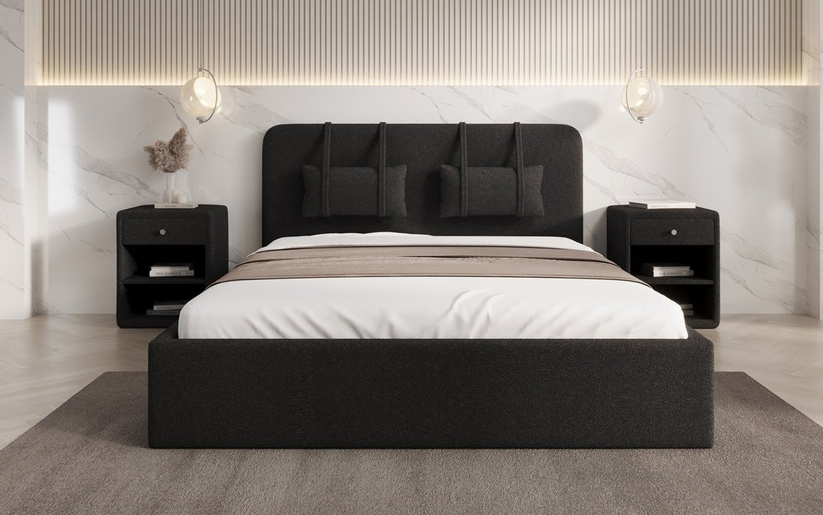 Designer gestoffeerd bed Alma in Bouclé met opbergruimte