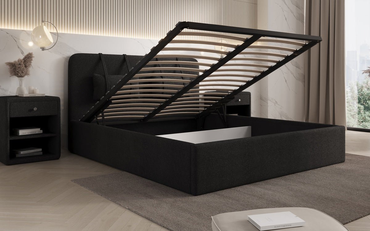 Designer gestoffeerd bed Alma in Bouclé met opbergruimte