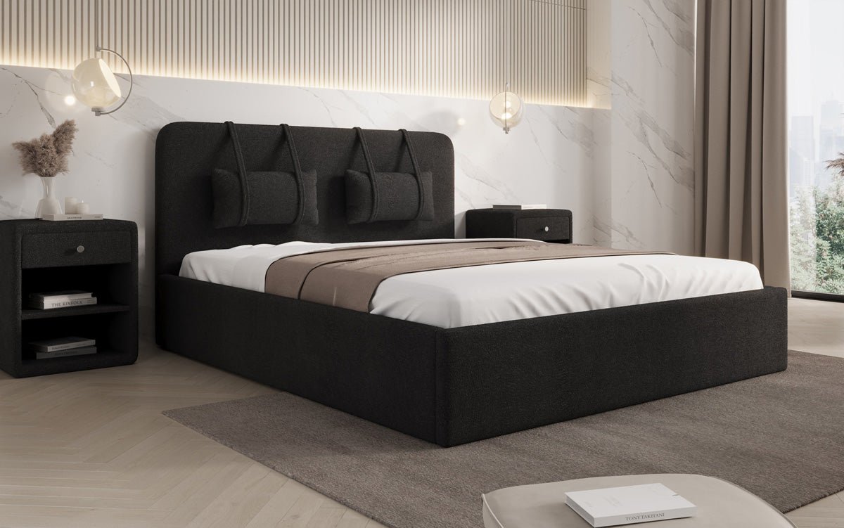 Designer gestoffeerd bed Alma in Bouclé met opbergruimte