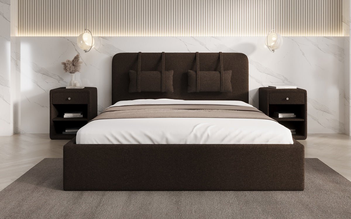 Designer gestoffeerd bed Alma in Bouclé met opbergruimte