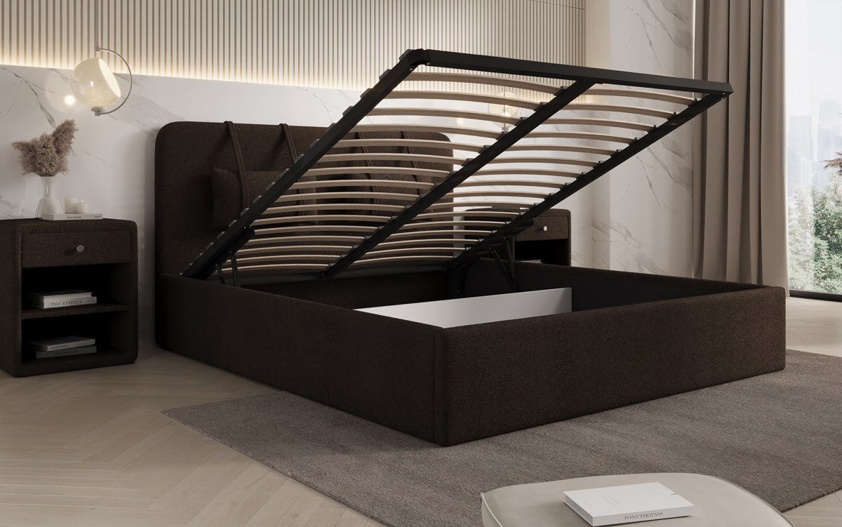 Designer gestoffeerd bed Alma in Bouclé met opbergruimte