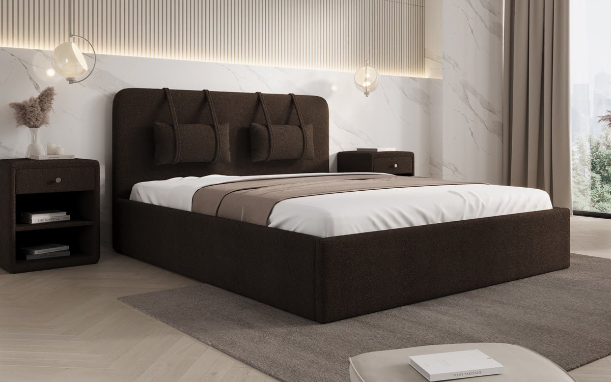 Designer gestoffeerd bed Alma in Bouclé met opbergruimte