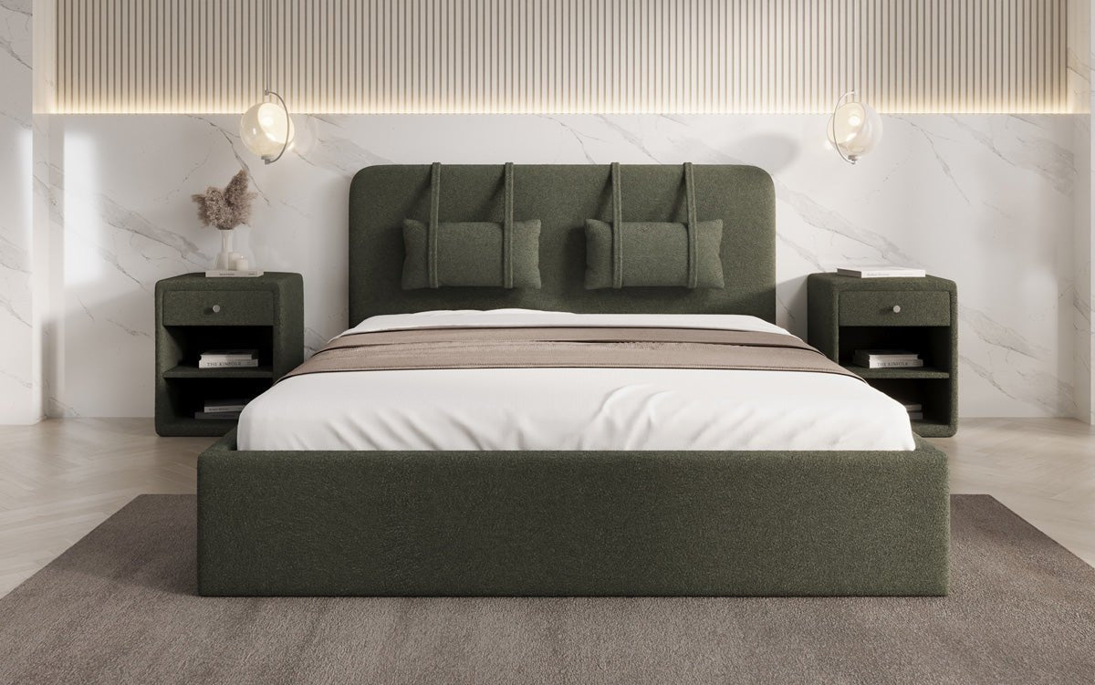 Designer gestoffeerd bed Alma in Bouclé met opbergruimte