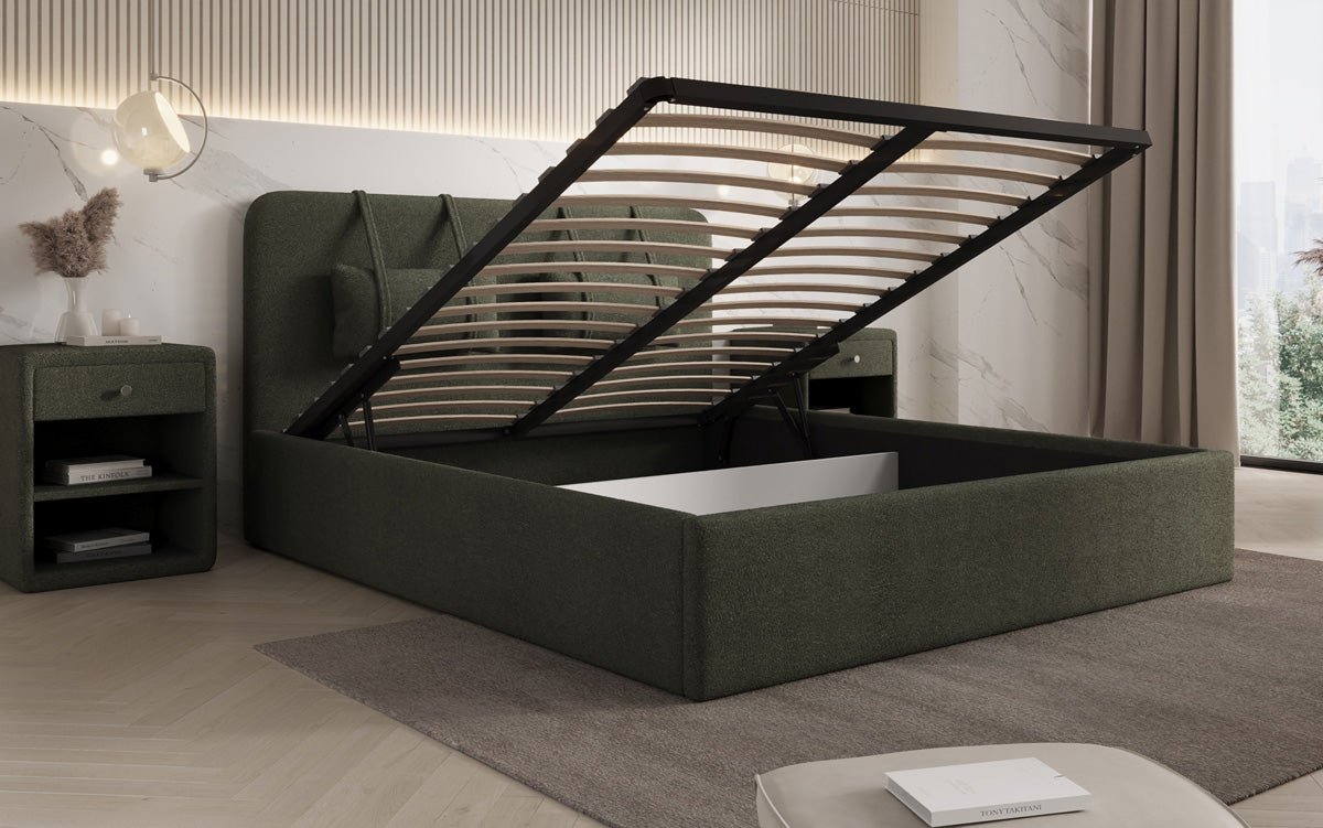 Designer gestoffeerd bed Alma in Bouclé met opbergruimte