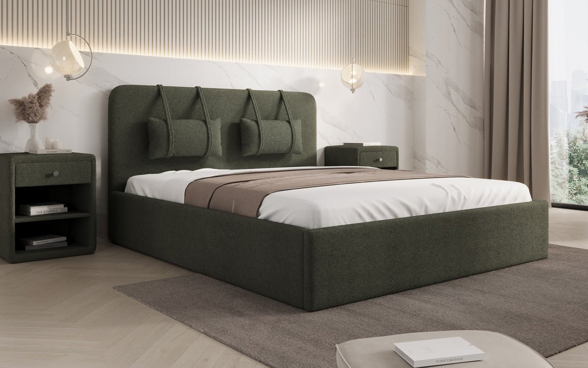 Designer gestoffeerd bed Alma in Bouclé met opbergruimte