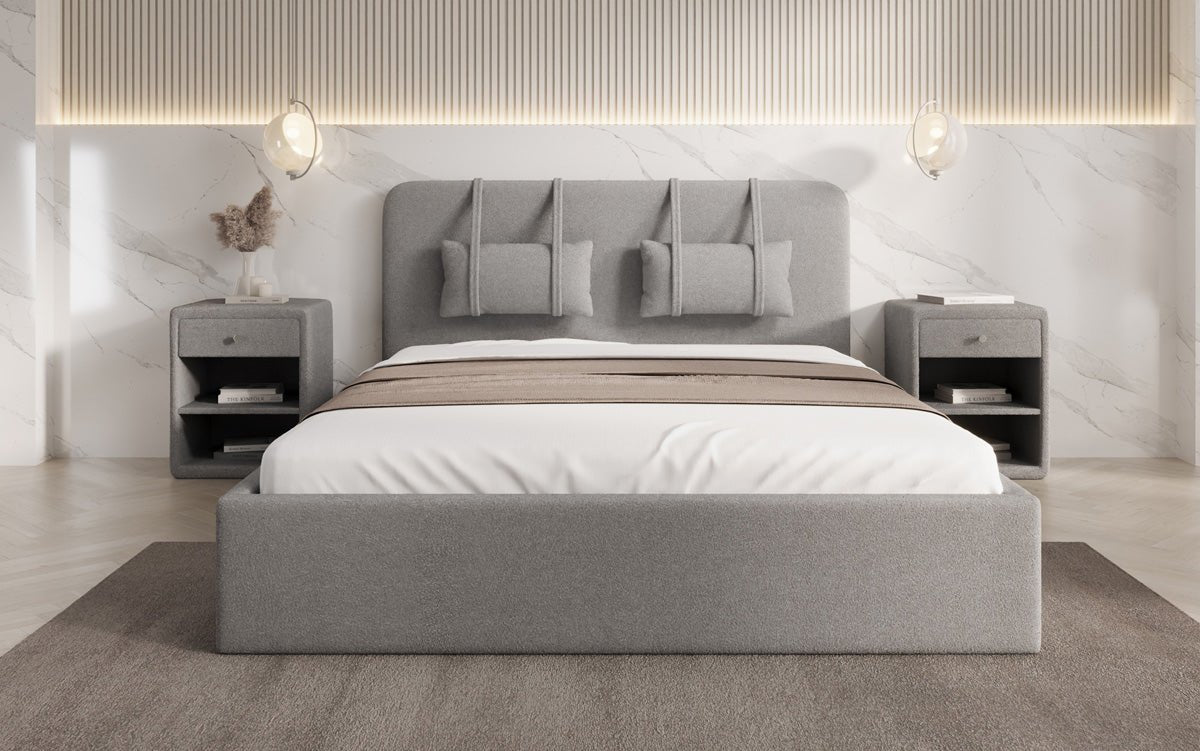 Designer gestoffeerd bed Alma in Bouclé met opbergruimte
