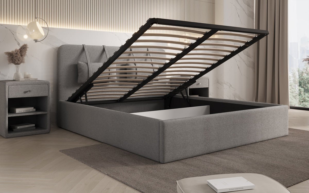 Designer gestoffeerd bed Alma in Bouclé met opbergruimte