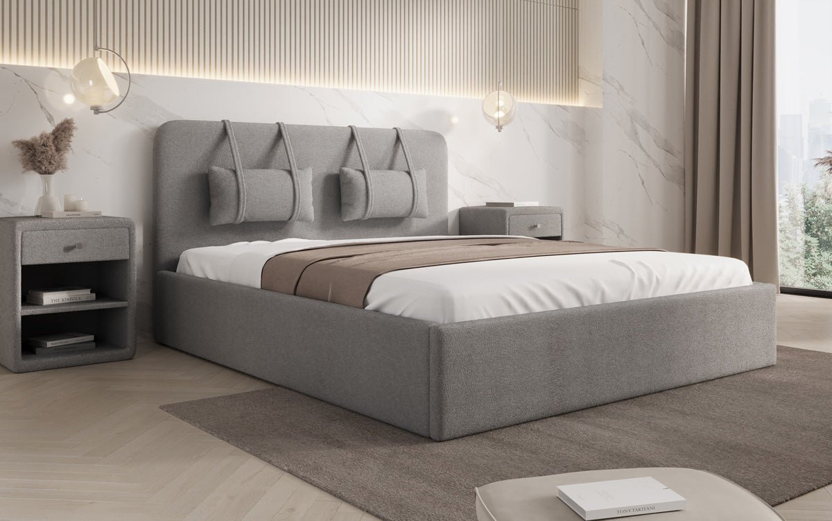Designer gestoffeerd bed Alma in Bouclé met opbergruimte