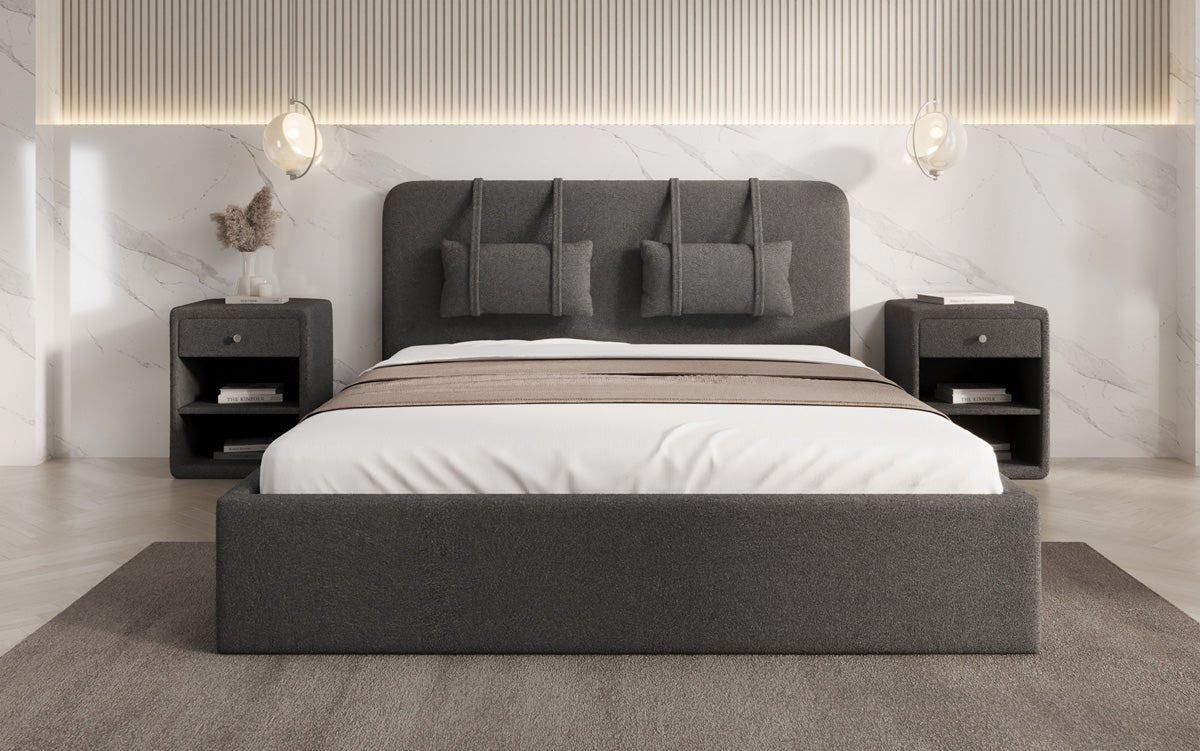 Designer gestoffeerd bed Alma in Bouclé met opbergruimte